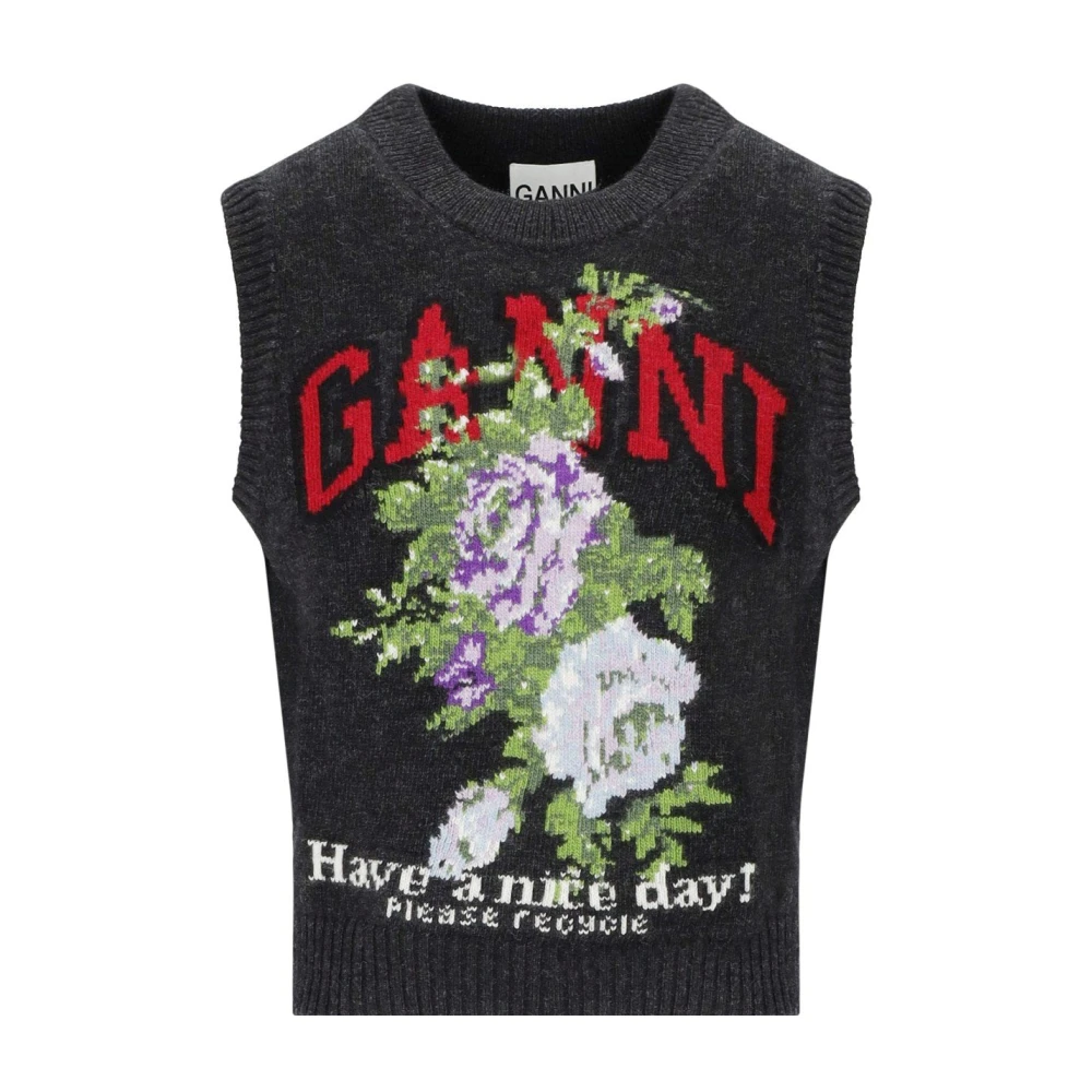 Ganni Women's Gray Round-Neck Knitwear, S, Flowers Vest