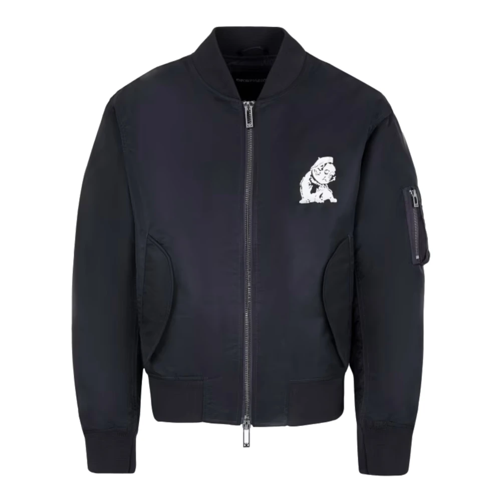 Emporio Armani Blauwe Nylon Glanzende Jas met Witte Franse Bulldog Borduursel Blue Heren