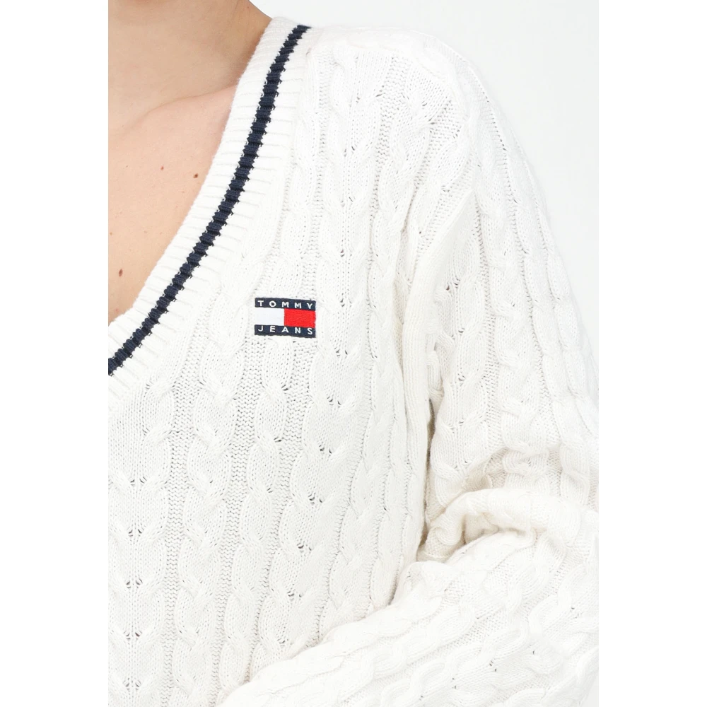 Tommy Jeans Crème Gebreide Trui met V-hals White Dames