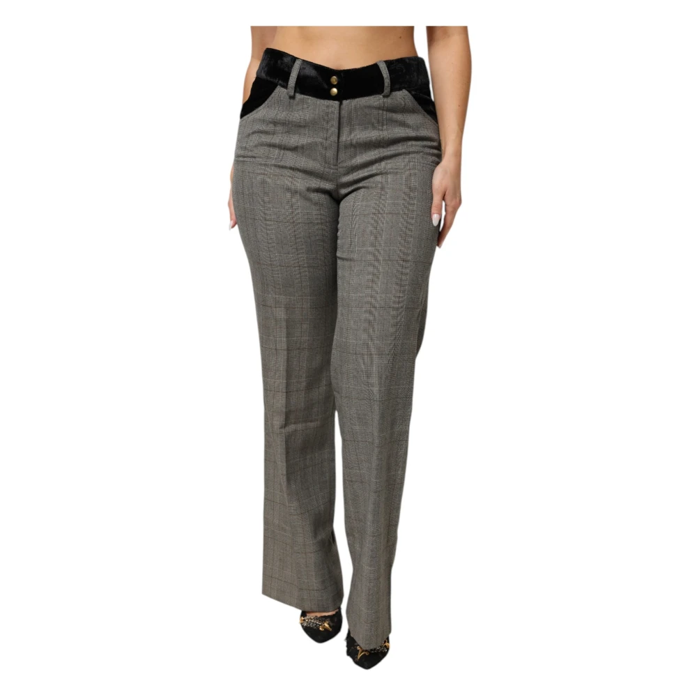Bencivenga Women's Gray Wide Trousers, 2XL, Wool Blend Plaid Straight Leg Velvet Waist Trousers