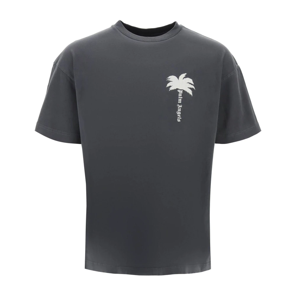 Palm Angels Versleten Palm Print Katoenen T-shirt Gray Heren
