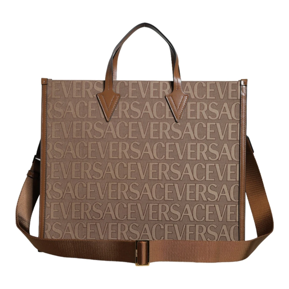 Versace Women's Brown Top Handle Jacquard Leather Logo Crossbody Tote Bag
