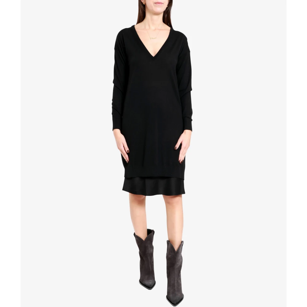 Semicouture Zwart Wol V-Hals Jurk Italië Black Dames