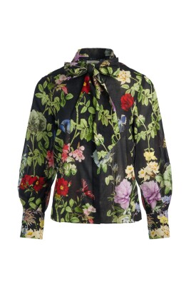 black-floral-print-puff-sleeve-shirt