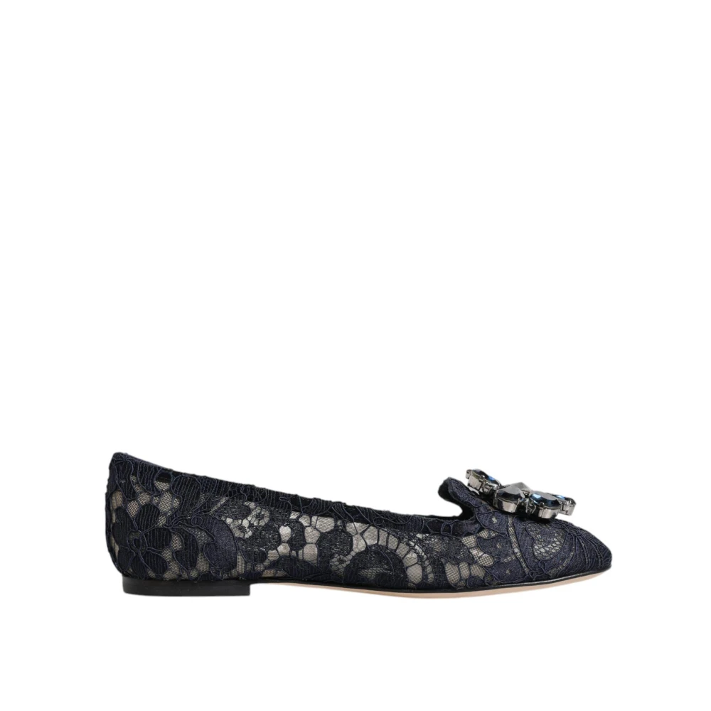 Dolce & Gabbana Women's Blue Ballerina Shoes, 1 Uk, Crystal Embellished Lace Flats