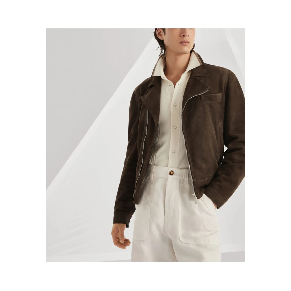BRUNELLO CUCINELLI Bruin Leren Jas Met Ritszakken Brown Heren