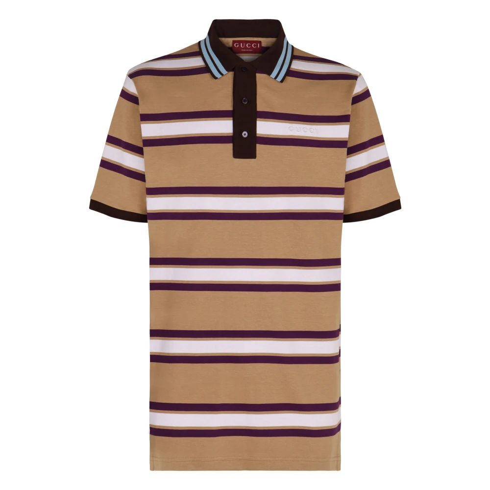 Gucci Beige Polo Shirts, Male, S, Striped Cotton Polo Shirt With Ribbed Collar