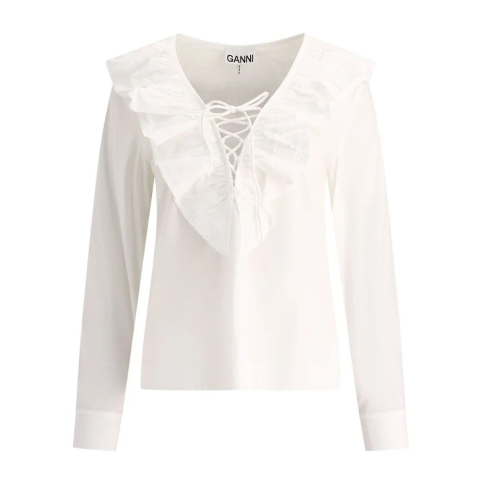 Ganni Katoenen Ruche Blouse V-hals Vrouwen White Dames