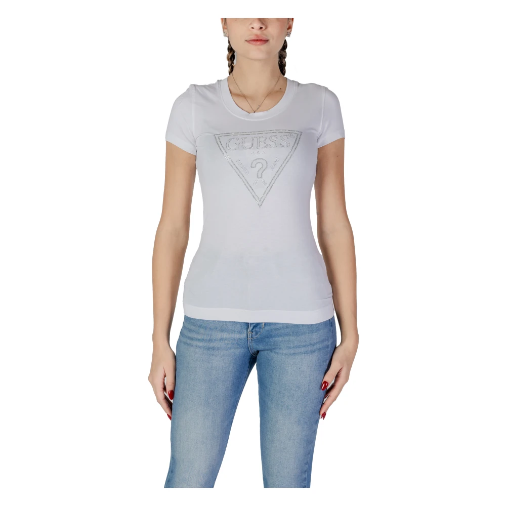 Guess Wit Rhinestone Logo V-Hals T-Shirt White Dames