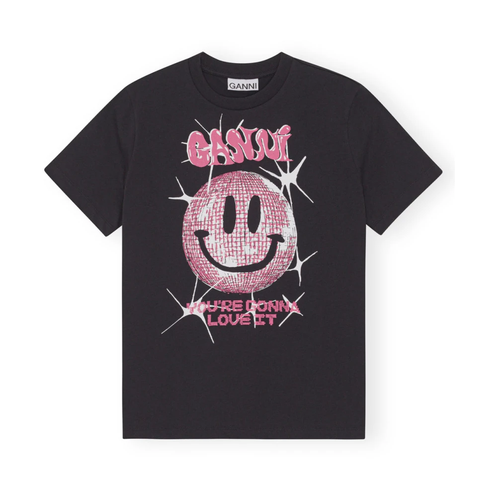 Ganni Smiley Grafiskt Tryck T-shirt Black, Dam