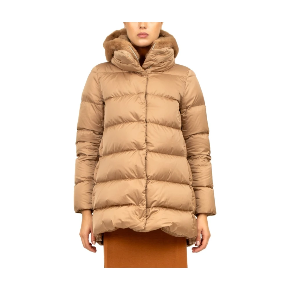 Herno Zwarte Polyester Midi Jas met Eco Bont Capuchon Brown Dames