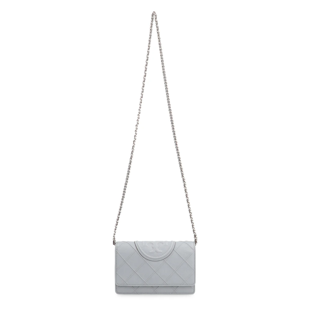 TORY BURCH Geëmbosseerde leren portemonnee met ketting Gray Dames