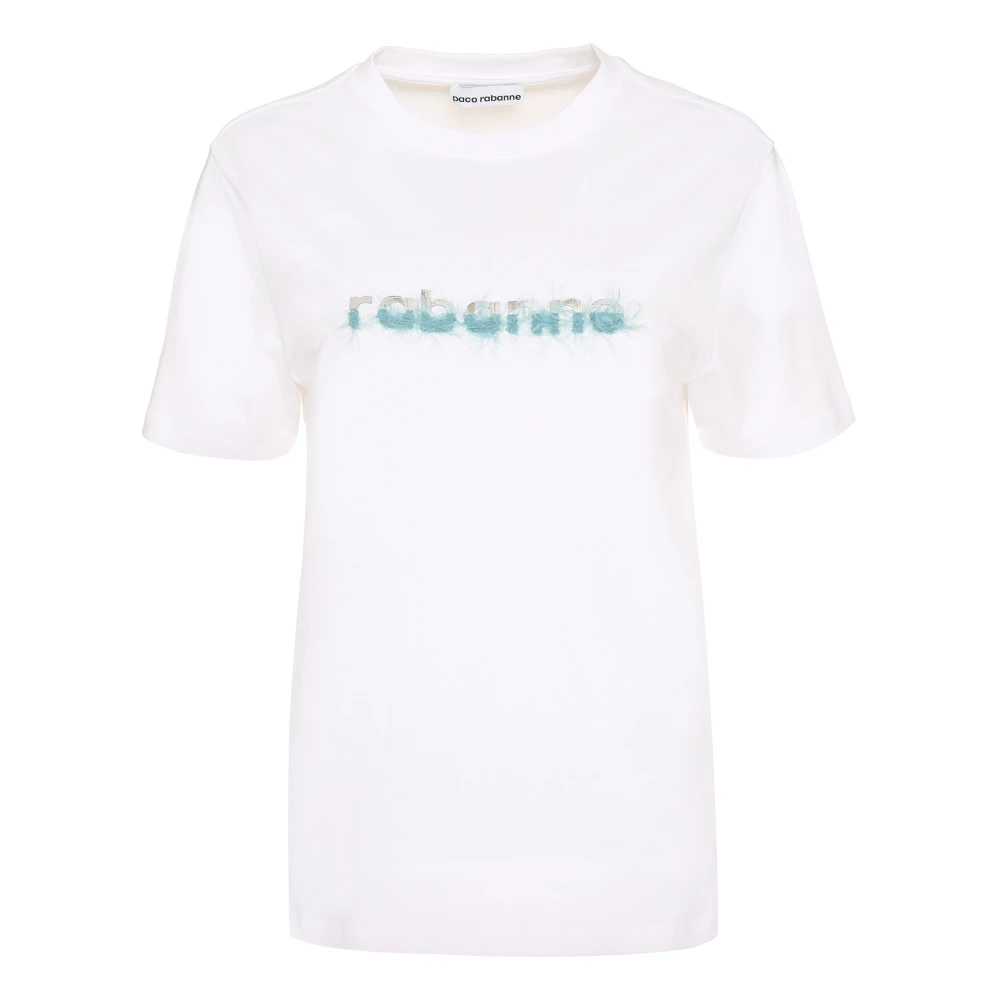 Paco Rabanne Katoenen Crew-Neck T-Shirt met Veren White Dames