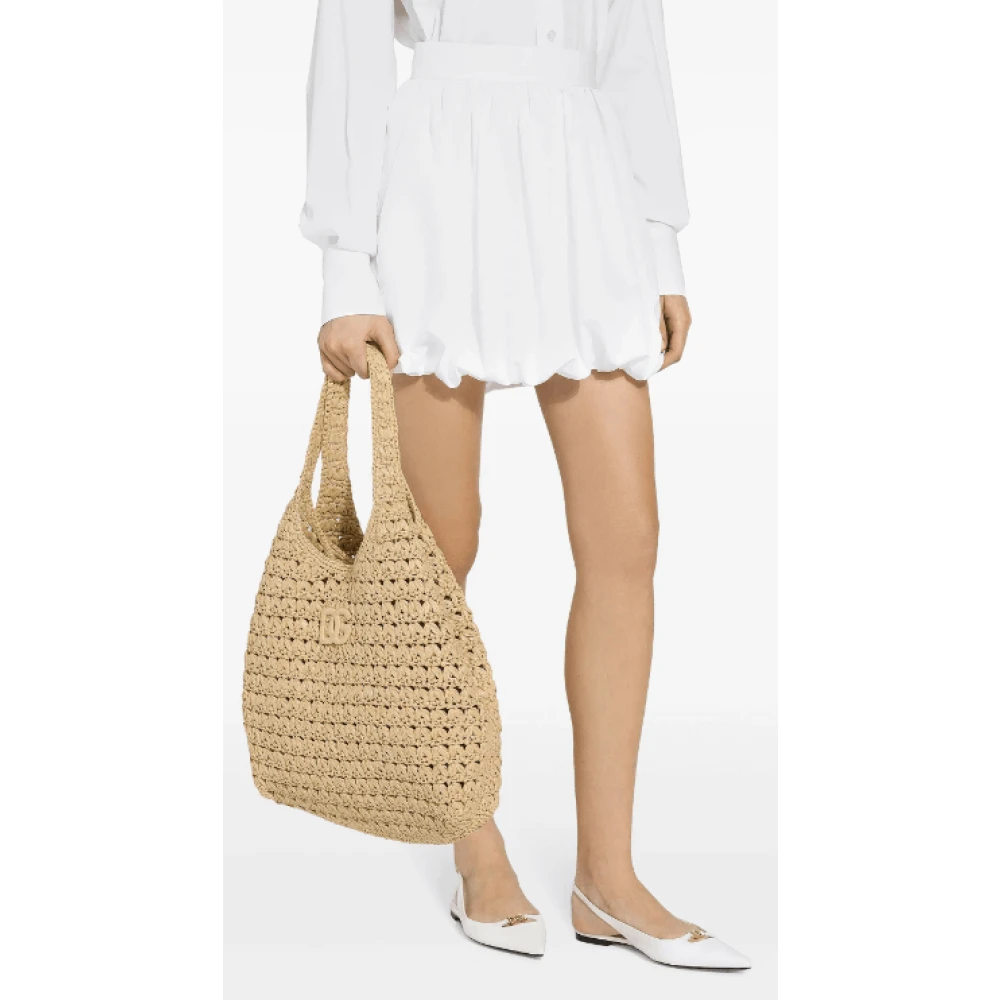 Dolce & Gabbana Raffia Tote Tas met Appliqué Logo Beige Dames