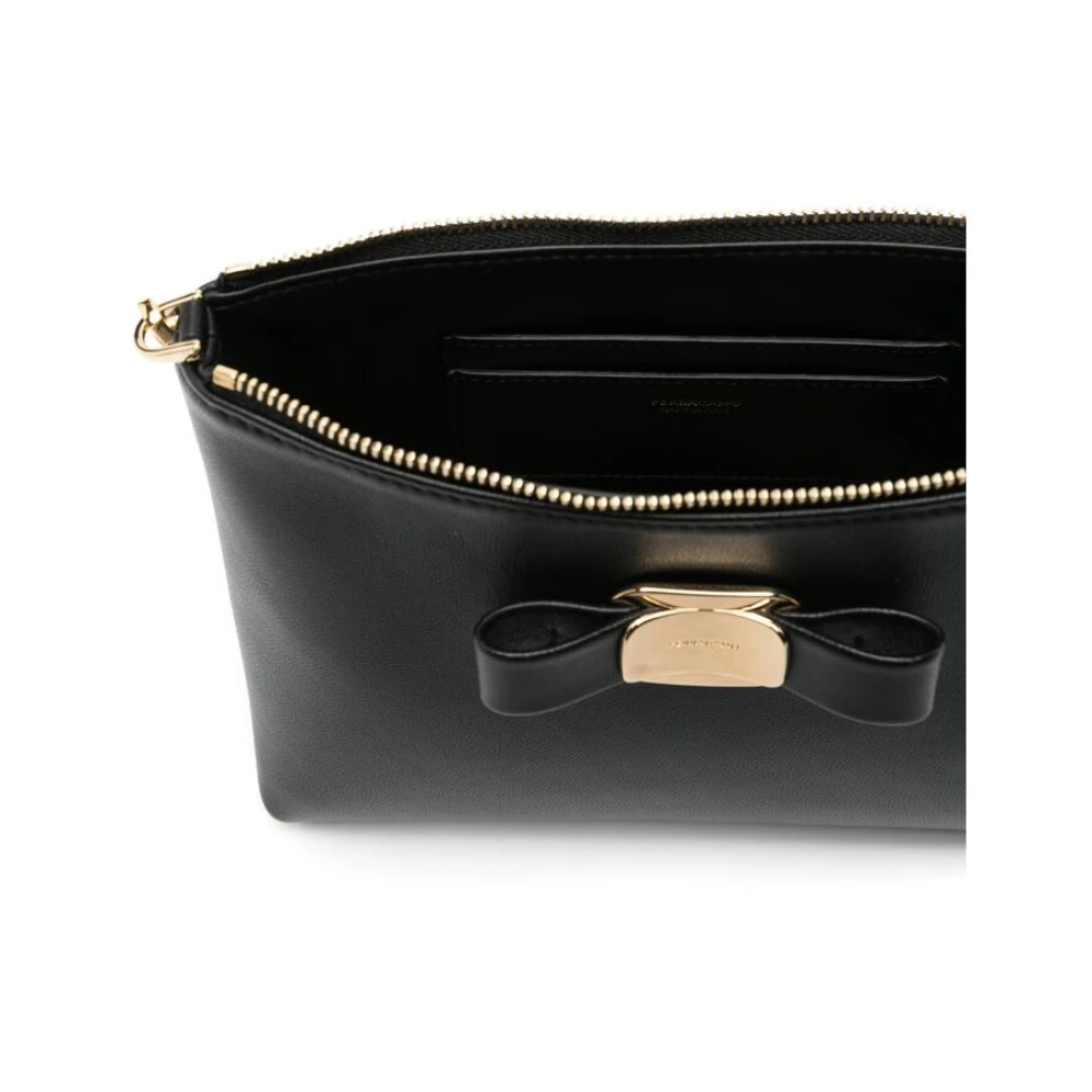 Salvatore Ferragamo Zwarte Leren Schoudertas met Ketting en Strikdetail Black Dames