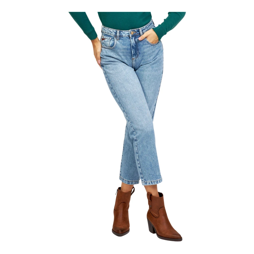 YES ZEE Blauwe Cropped High-Waisted Jeans Blue Dames