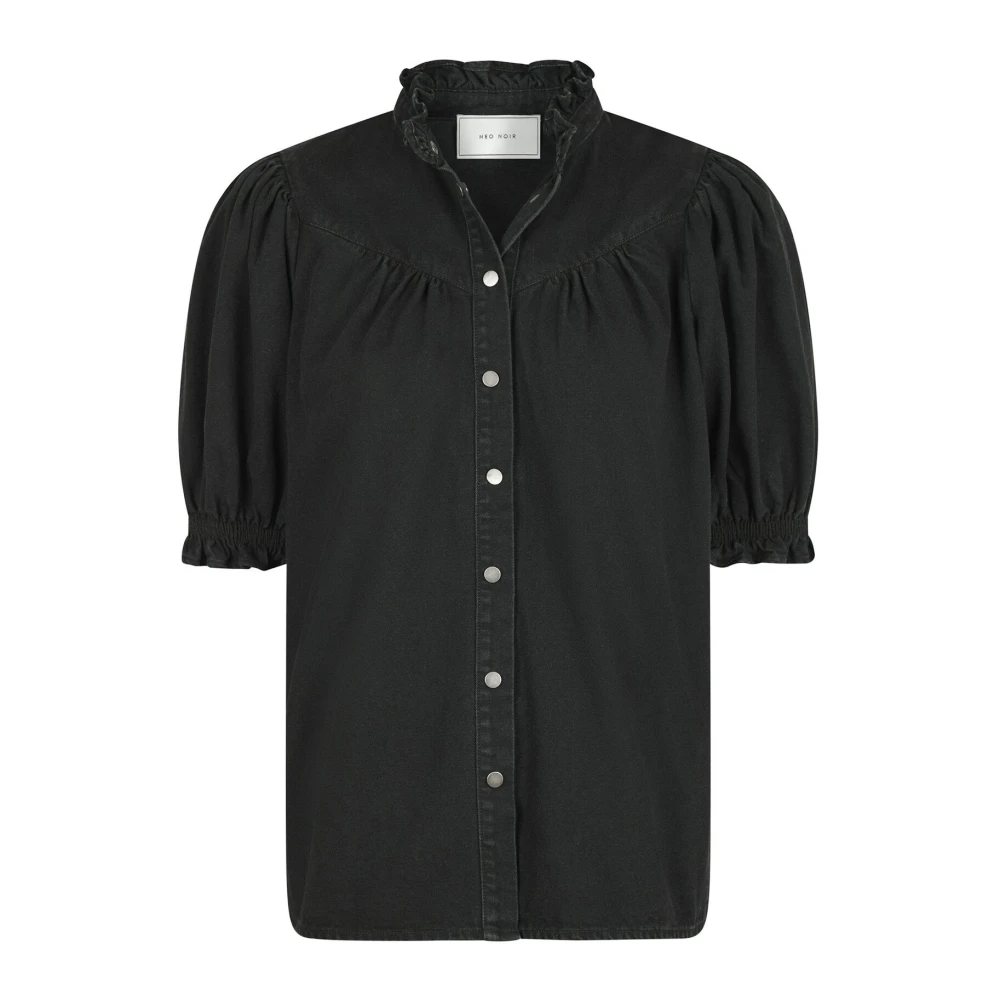 NEO NOIR Zwarte Denim Blouse met Pofmouwen Black Dames
