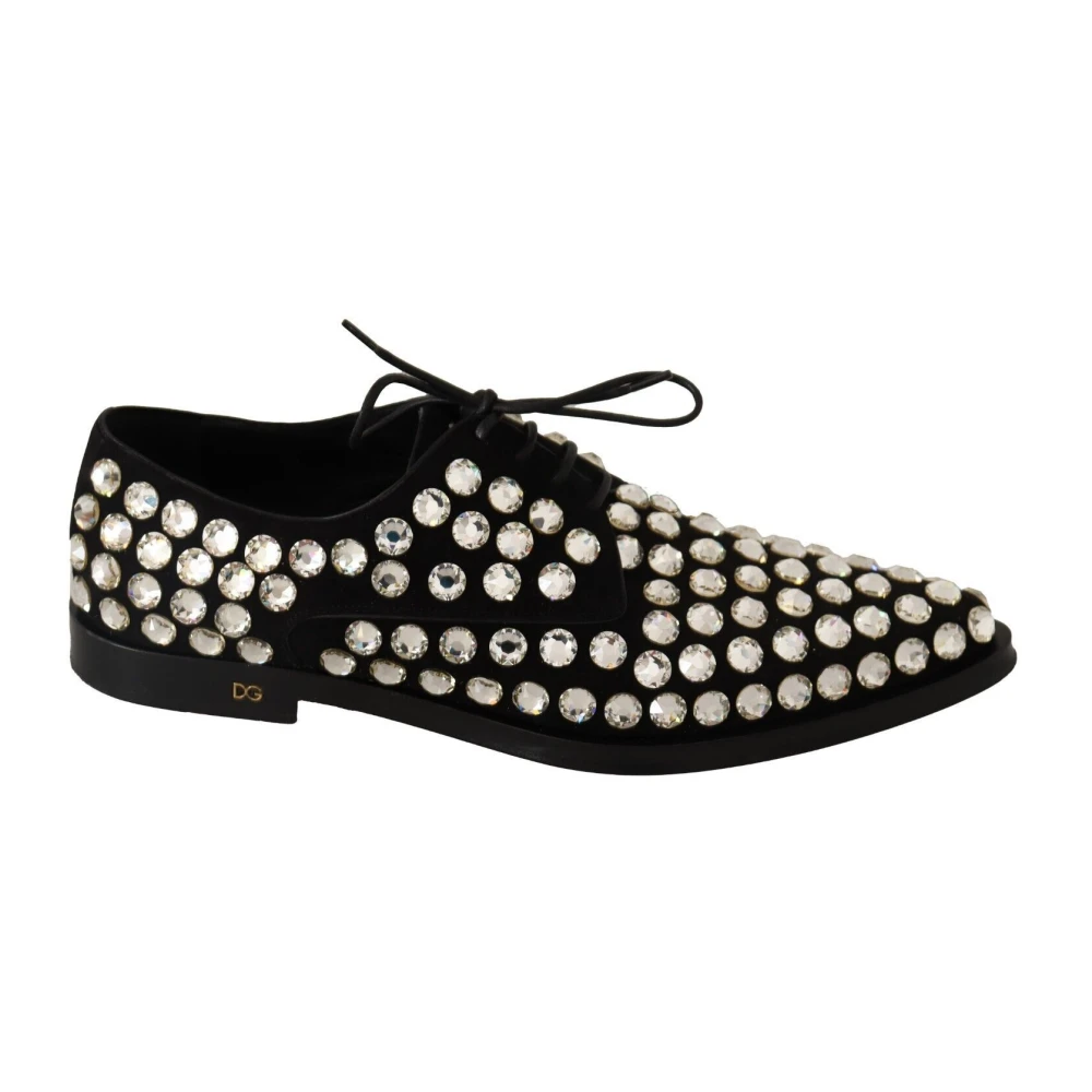 Dolce & Gabbana Women's Black Elegant Crystal-Embellished Lace-Up Flats - Laced Shoes - 3 Uk - Shoes