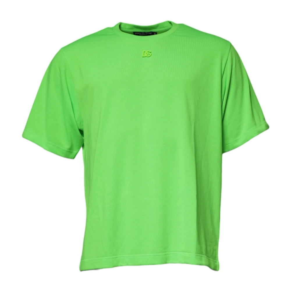 Dolce & Gabbana Men's Green T-Shirts, 2XL, Neon Logo Detail Crewneck T-Shirt