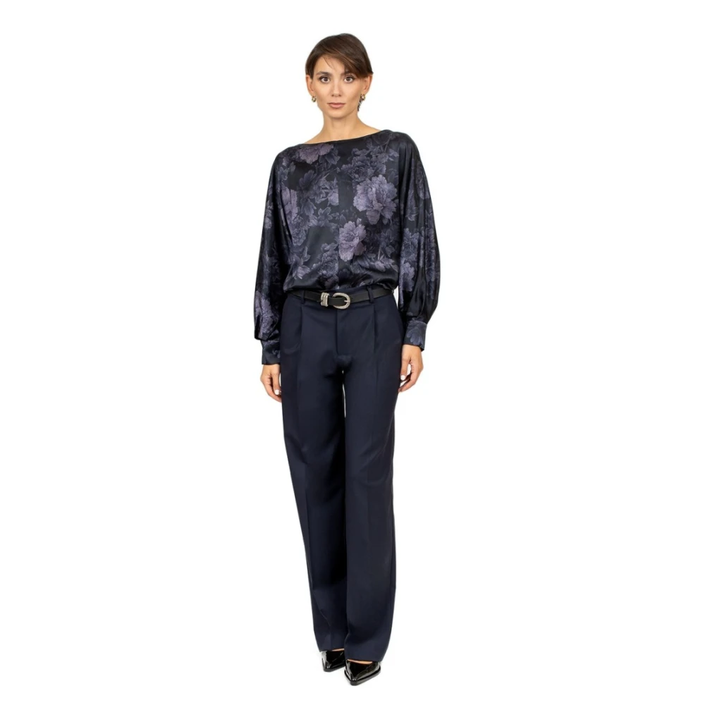 Momoni Blauwe Bedrukte Zijden Boothals Blouse Blue Dames