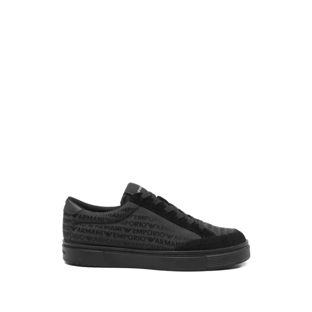 Emporio Armani Men's Black Logo Print Lace-Up Trainers - Sneakers - 8 Uk - Shoes