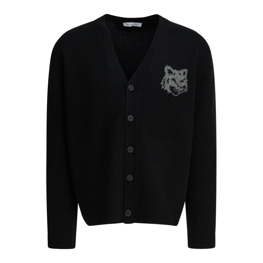Maison Kitsuné Men's Black Fox Head Intarsia Cardigan - Cardigans - S - Knitwear