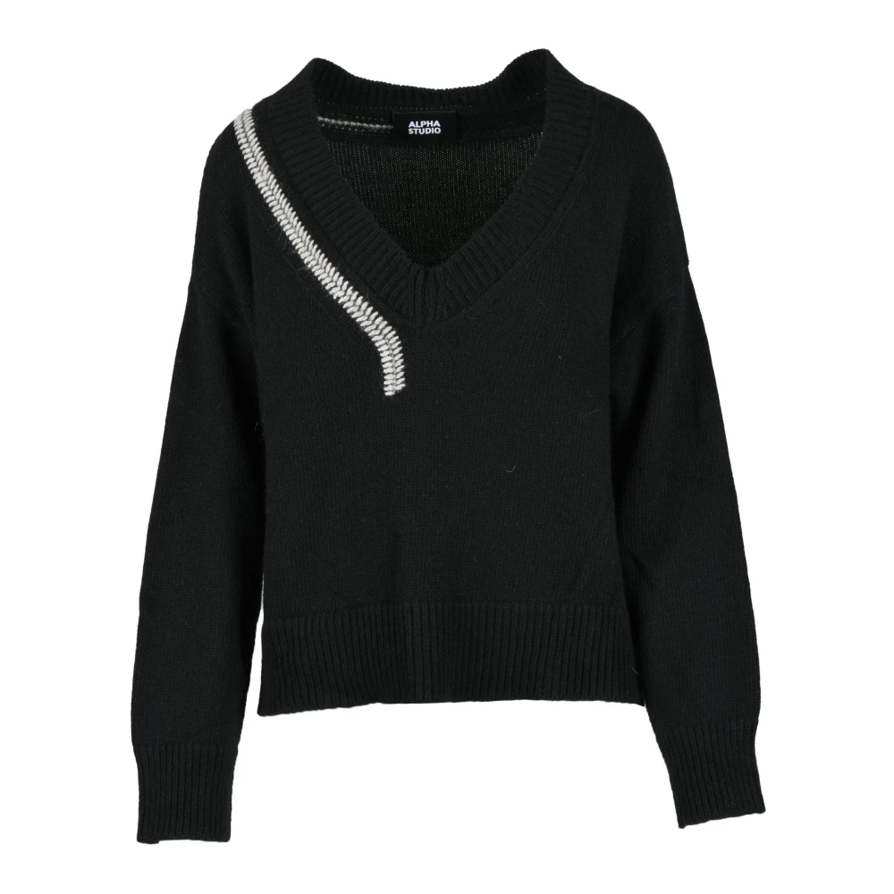 Alpha Studio Mjuk Stickad Tröja Blandning Cashmere Black, Dam