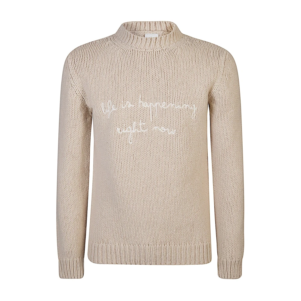 Eleventy Men's Beige Wool Crewneck Jumper Life Embroidered - Turtlenecks - Xl - Knitwear