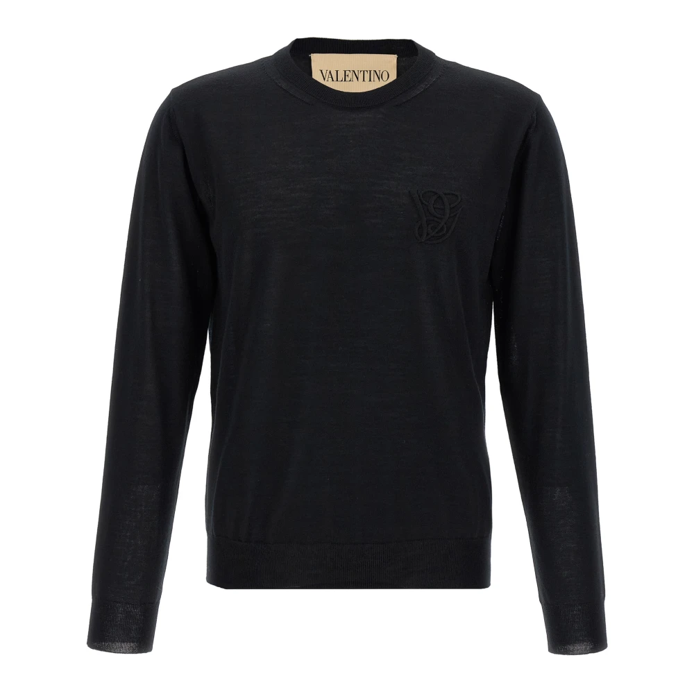 Valentino Garavani Men's Black Round-Neck Knitwear, M, Logo Embroidery Jumper