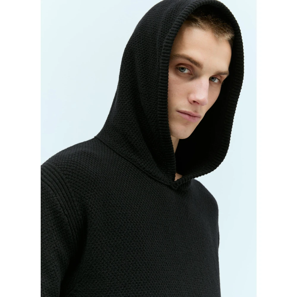 Moncler Wollen Hoodie Logo Zak Ribboorden Black Heren