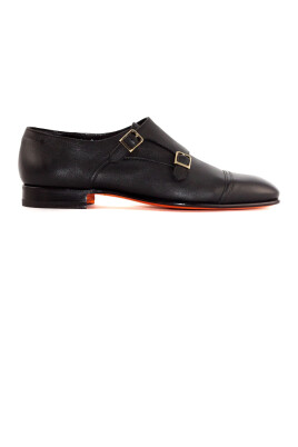 black-leather-double-buckle-flat-shoes