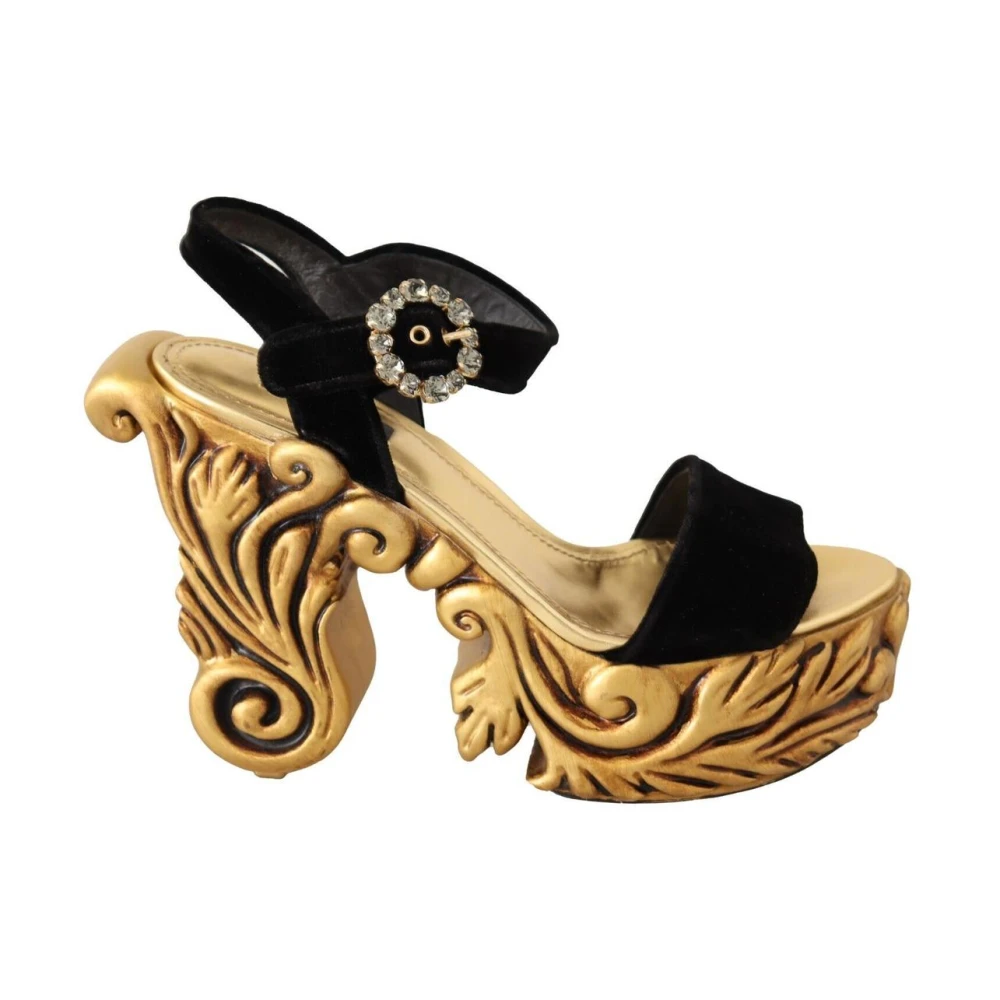 Dolce & Gabbana Donna Nero Sandali In Velluto Con Tacco Barocco Intagliato