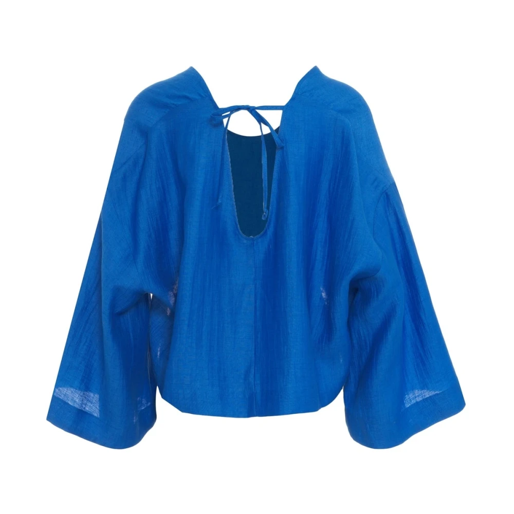 Kaos Blauwe Linnen Blouse Met Ruches Blue Dames
