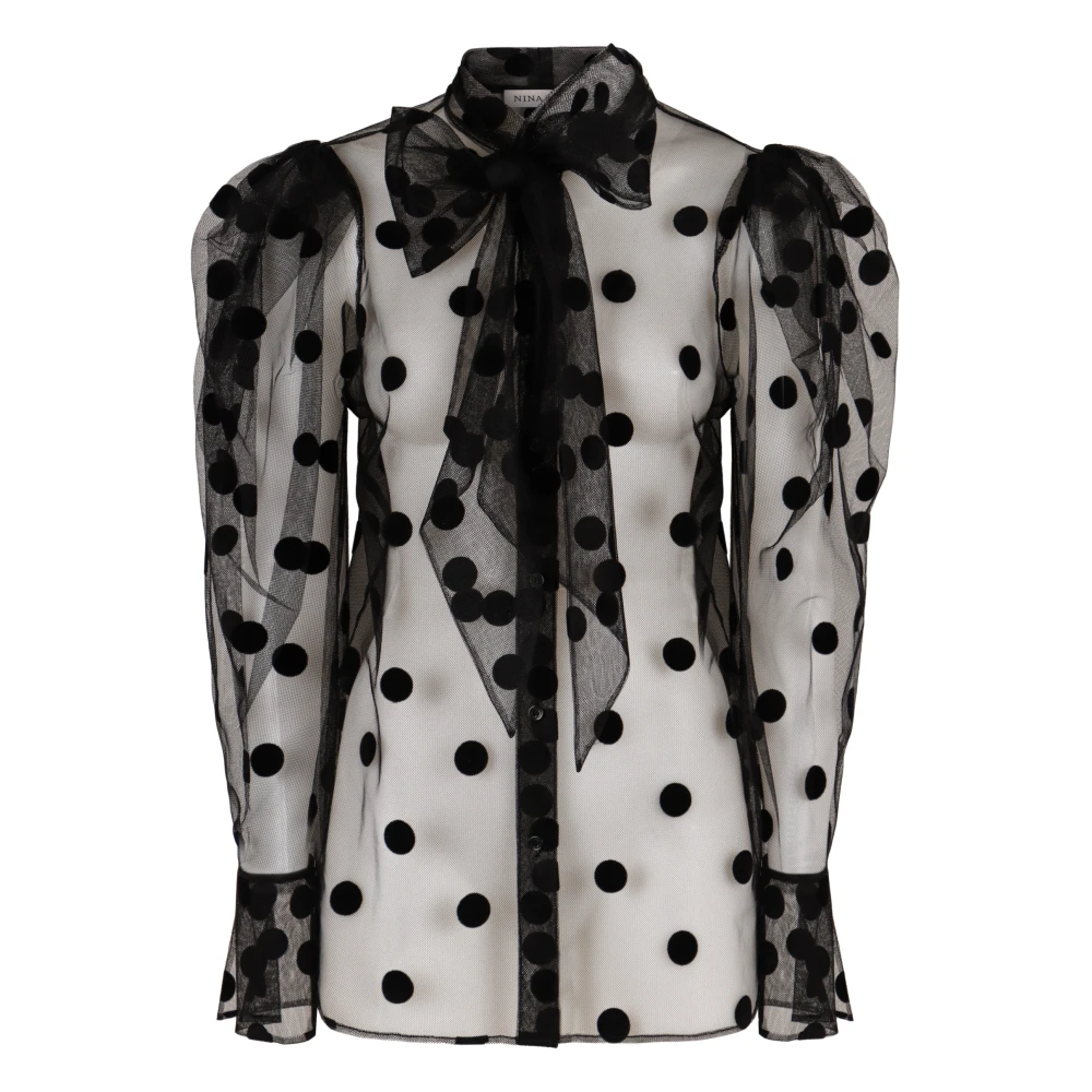 Nina Ricci Polka-dot Tule Blouse met Strik Kraag Black Dames