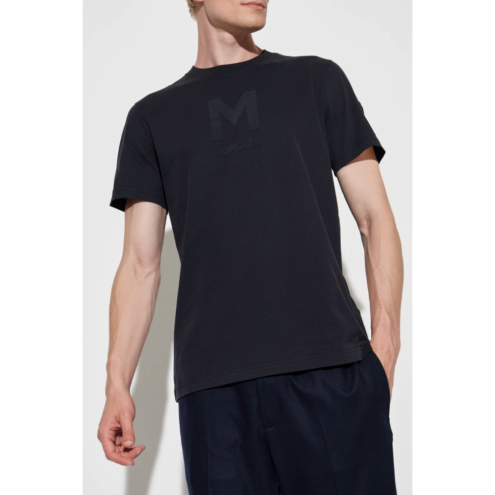 Moncler T-shirt met een fluwelen afwerking logo Blue Heren