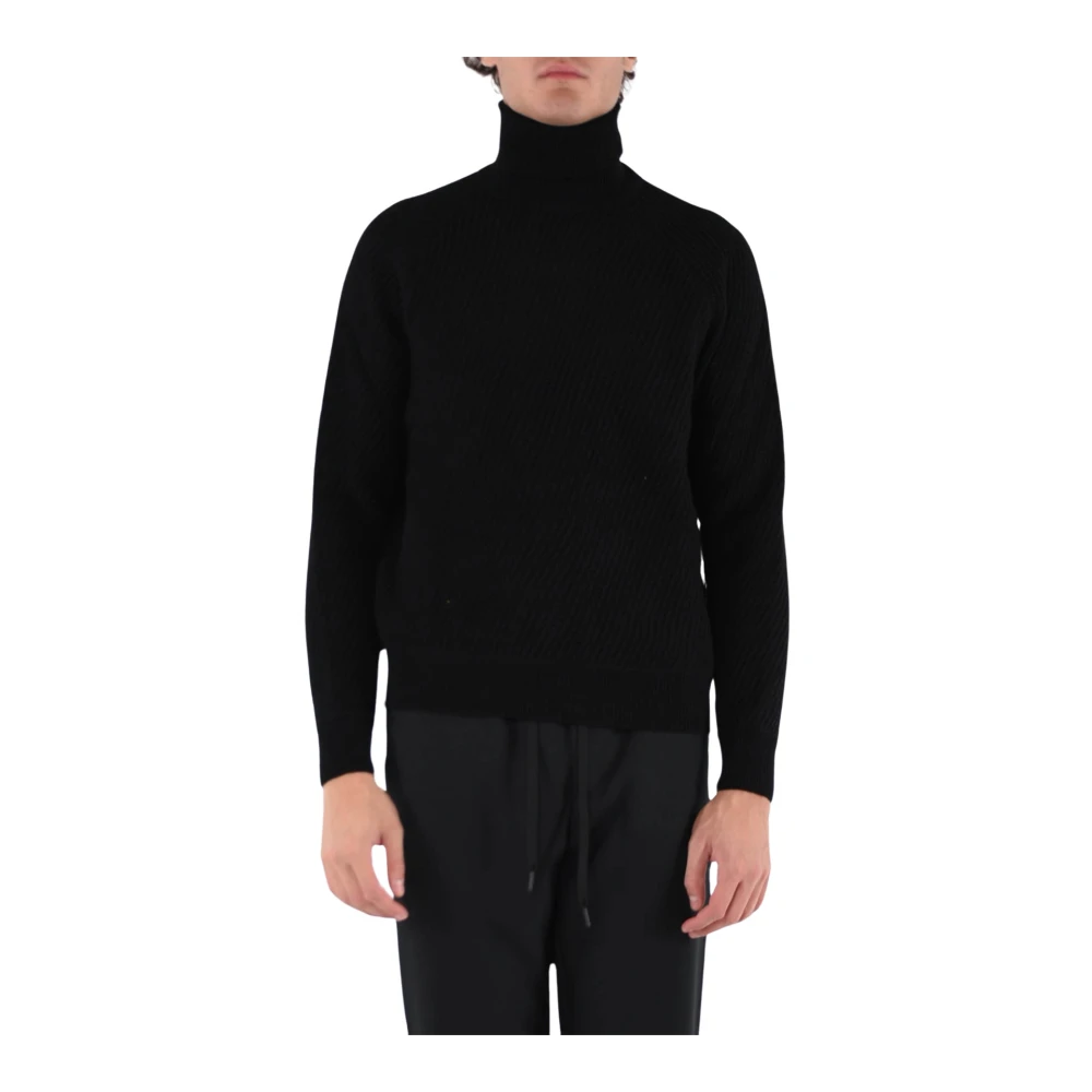 Paolo Pecora Zwarte Sweaters met Hoge Hals en Geribbelde Zoom Black Heren