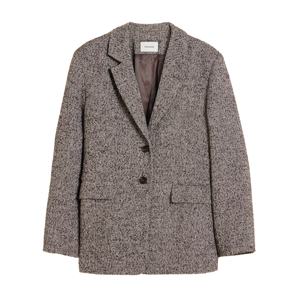 Brun Herringbone Blazer med Strukturerte Skuldre