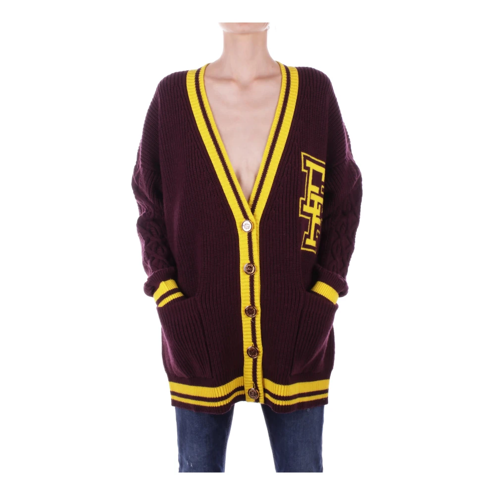 Elisabetta Franchi Bordeaux Sweater Cardigan Front Logo Red Dames