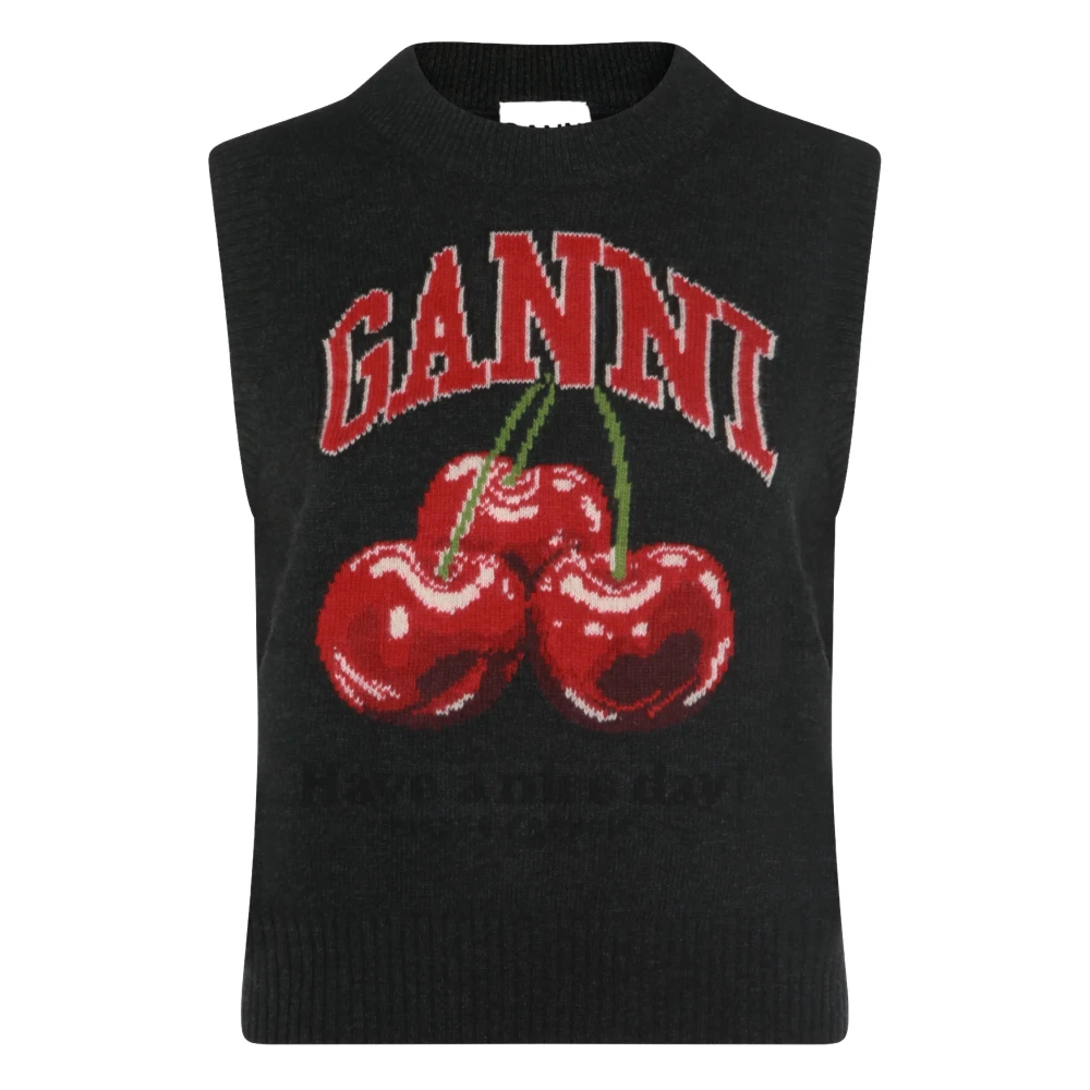 Ganni Women's Gray Round-Neck Knitwear, M, Graphic Wool Vest