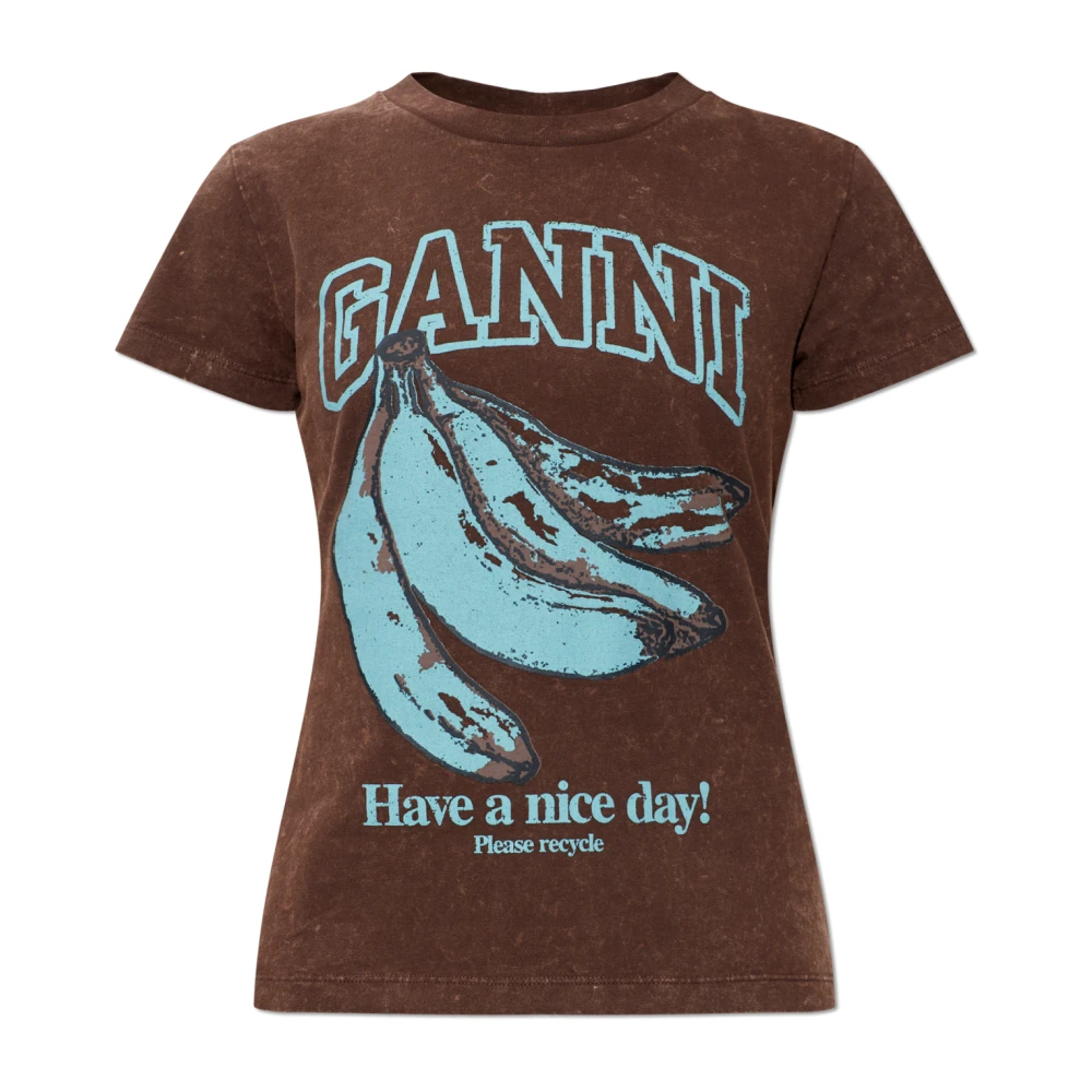 Ganni Women's Brown T-Shirts, M, Printed T-Shirt