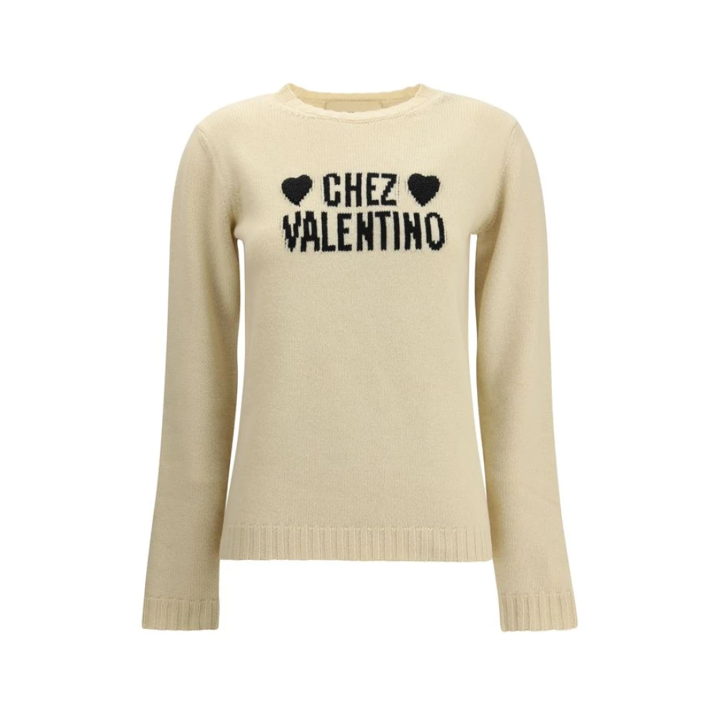 Valentino Beige Wool Jumper With Embroidered Hearts - Female - Round-Neck Knitwear - S - Knitwear