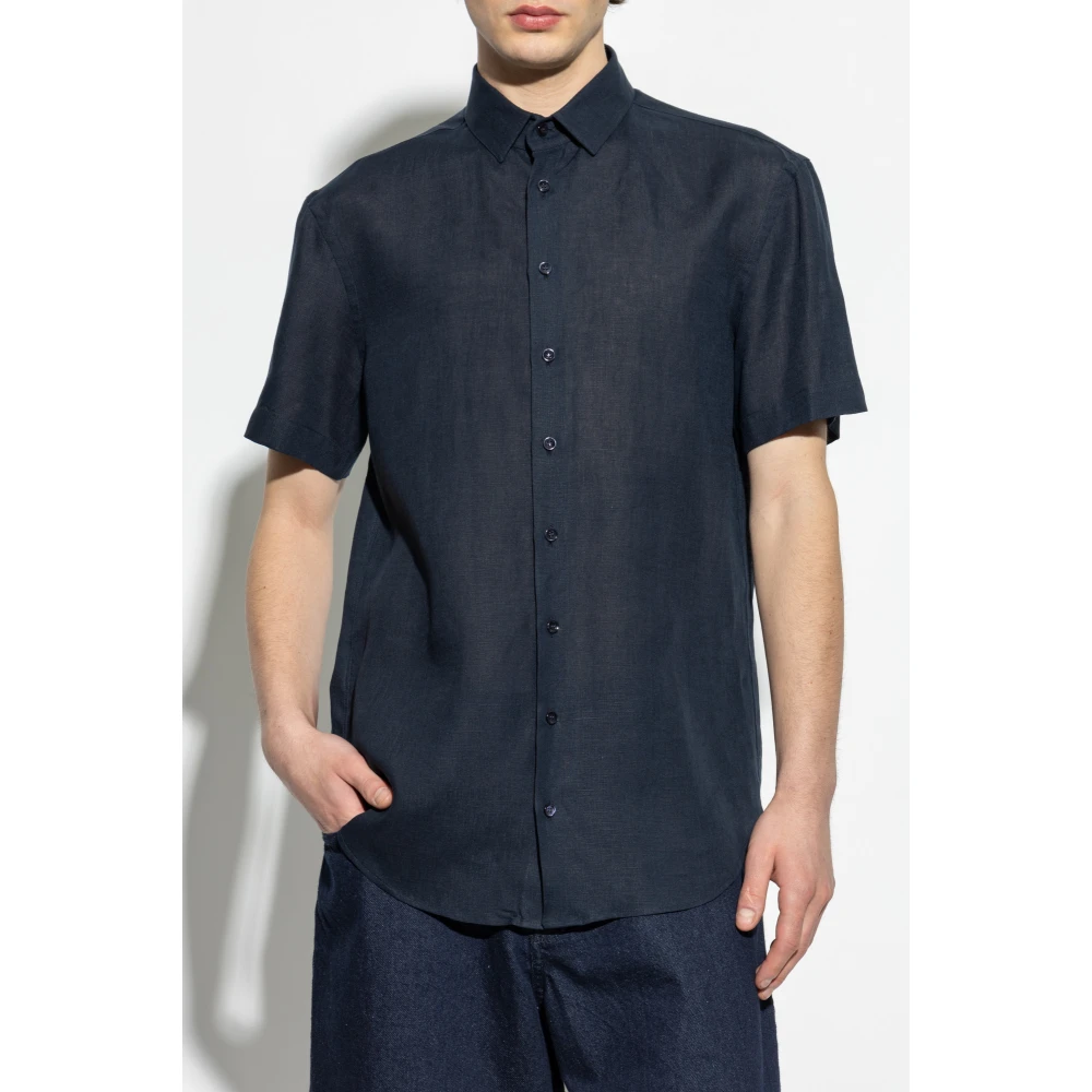 Giorgio Armani Linnen shirt met korte mouwen Blue Heren