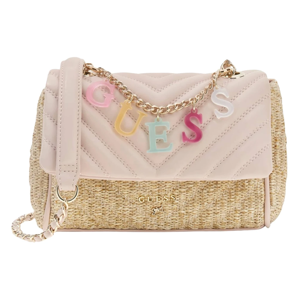 Guess Women's Pink Straw Crossbody Flap Bag
