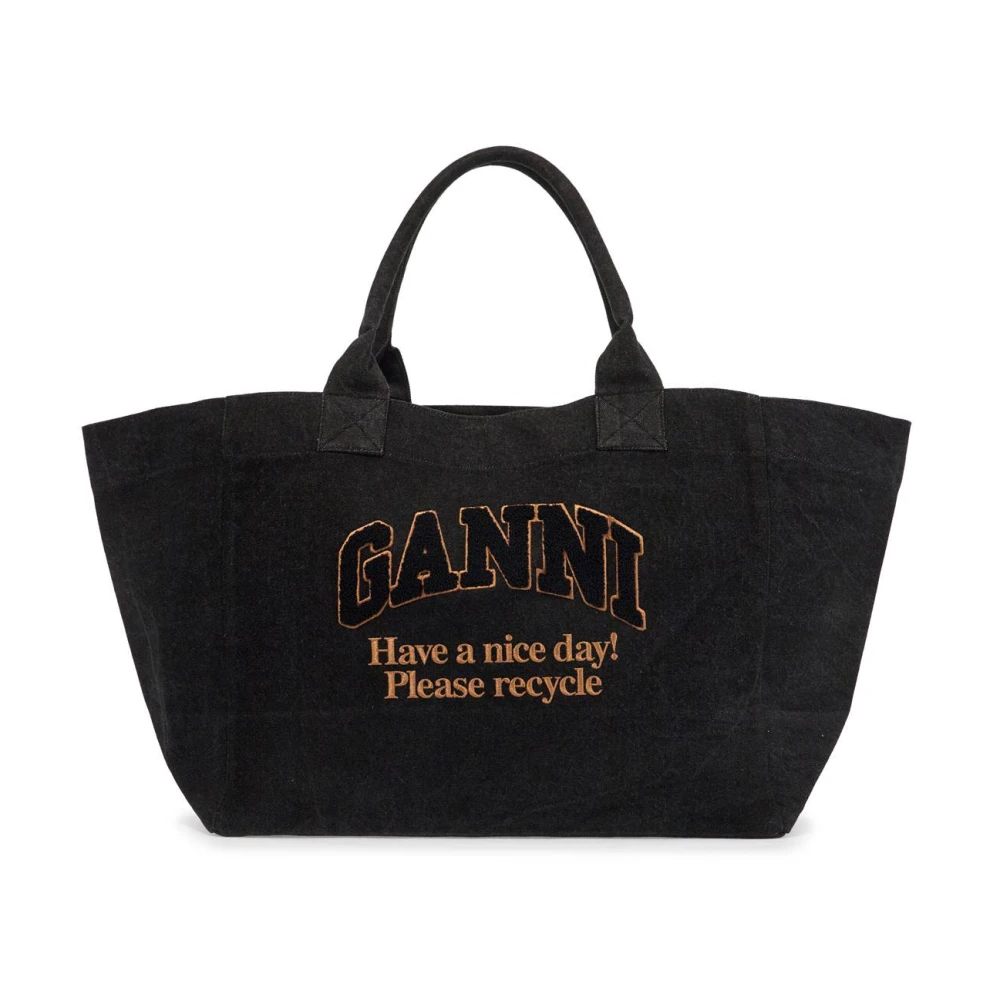 Ganni Denim Logo Tote Tas met Geborduurd Logo Black Dames