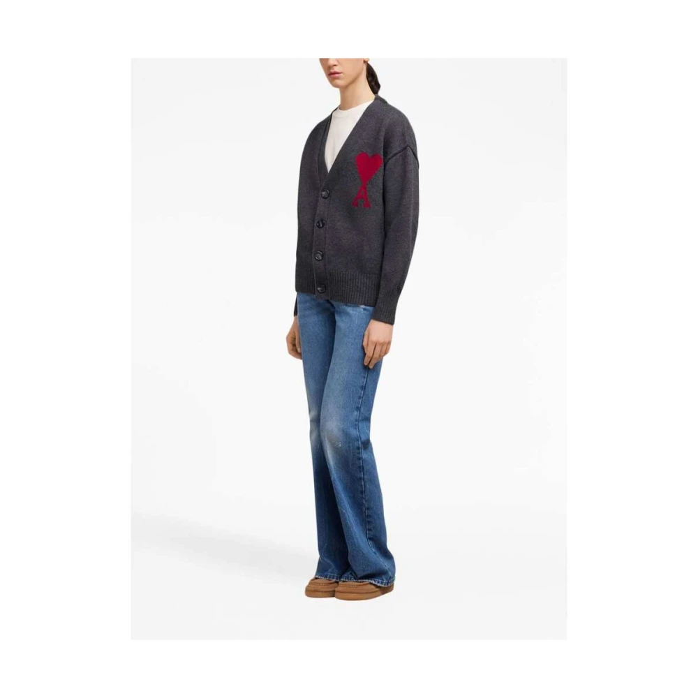 Ami Paris Grijze Wollen Gebreide V-Hals Trui Gray Dames
