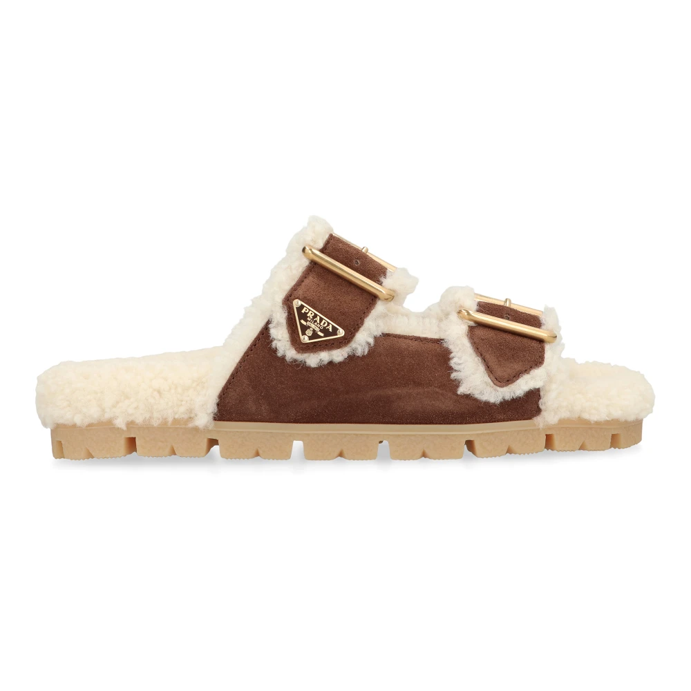 Prada Women's Brown Suede And Shearling Slides