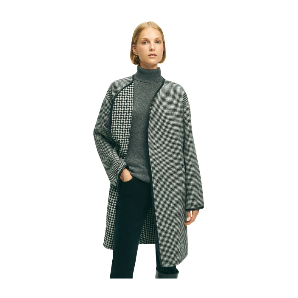 Brooks Brothers Zwart en wit wollen-polyester-mix omkeerbare houndstooth-jas Gray Dames