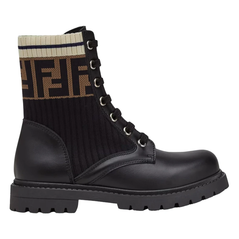 Fendi Unisex Kids Brown Boots,, Ff Logo Biker Boots Size 28 Eu