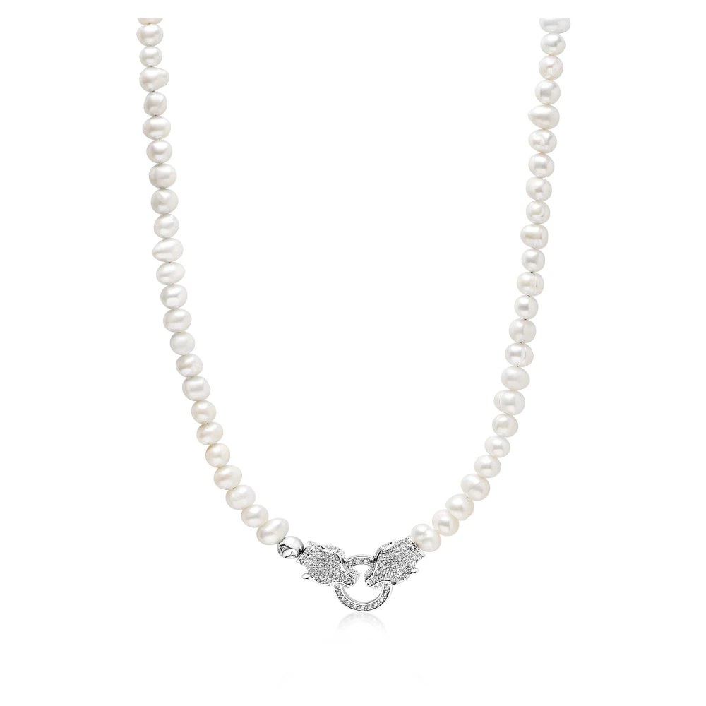 Nialaya Pearl Choker with Double Panther Head in Silver White, Herr