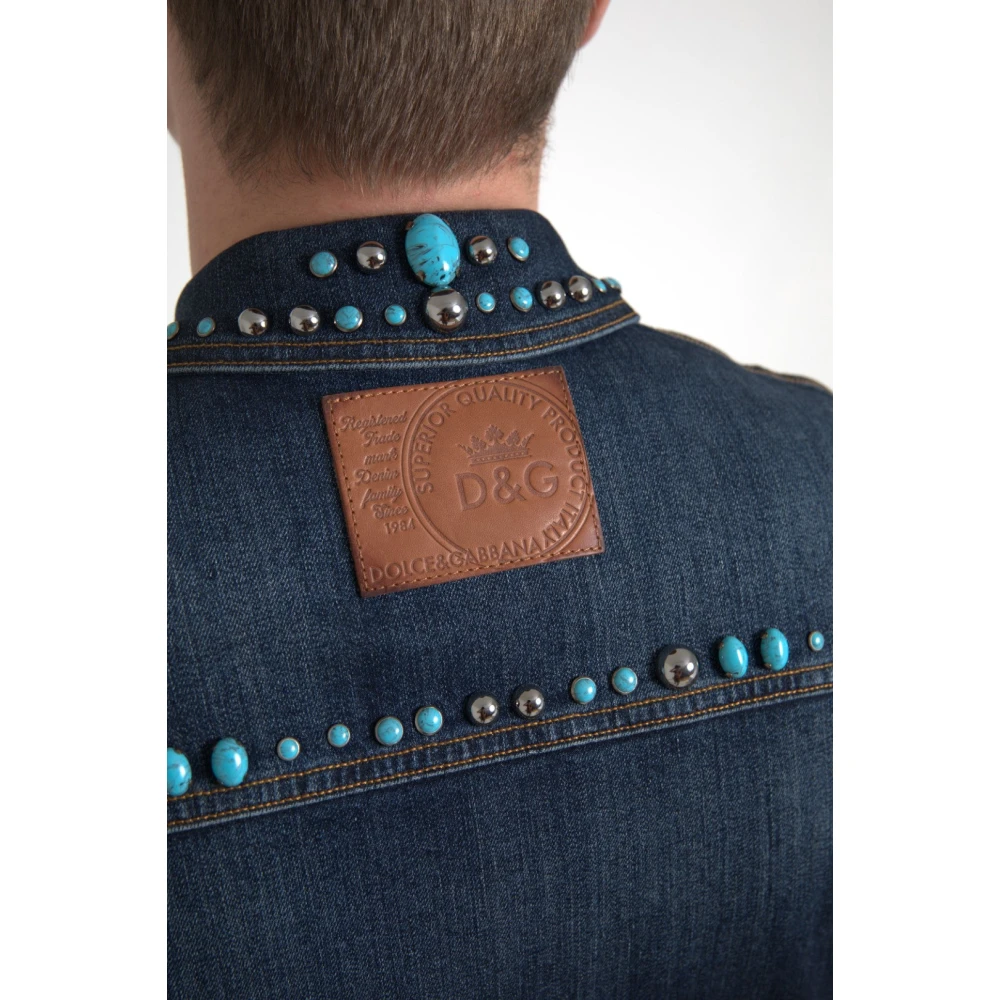 Dolce & Gabbana Turquoise Denim Jack met Versieringen Blue Heren